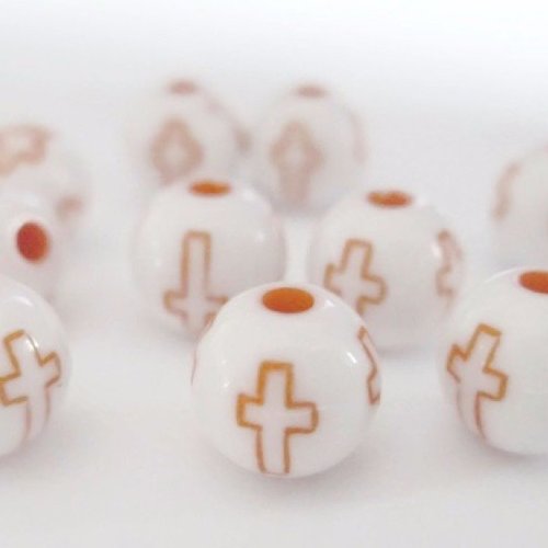 10 perles acrylique blanches motif croix orange 8mm