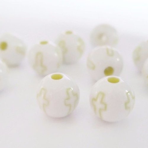 10 perles acrylique blanches motif croix jaune 8mm