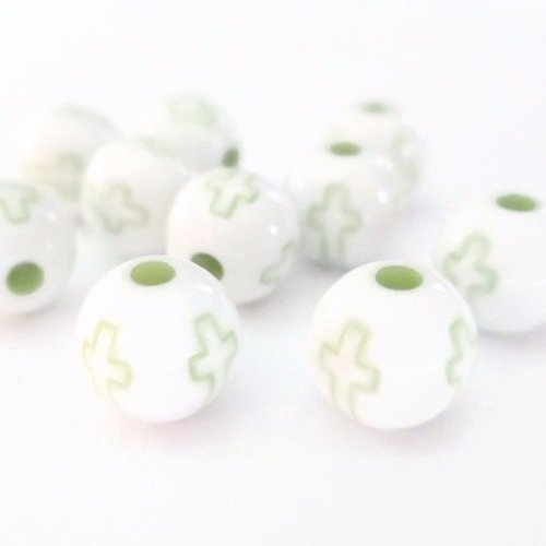 10 perles acrylique blanches motif croix verte 8mm