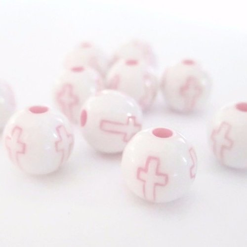 10 perles acrylique blanches motif croix rose 8mm