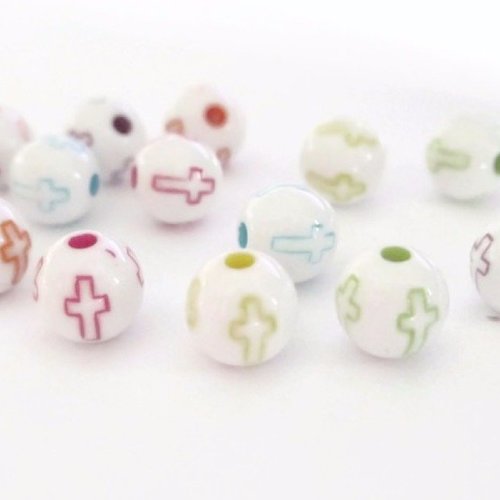 50 perles acrylique blanches motif croix mélange de couleurs 8mm