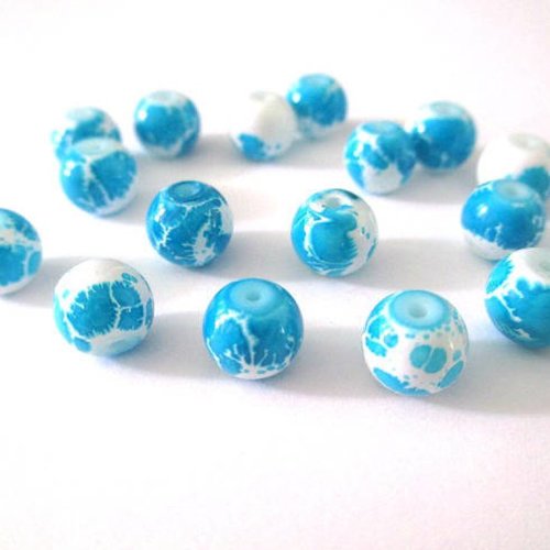 10 perles en verre blanches mouchetées bleu 8mm