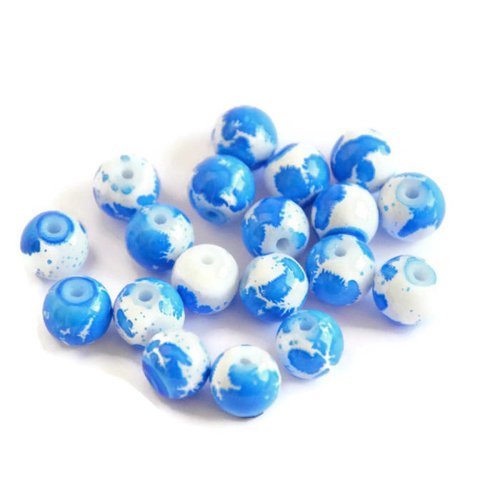 10 perles en verre blanches mouchetées bleu foncé 8mm