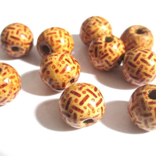 10 perles en bois à motif ethnique 16x15 mm