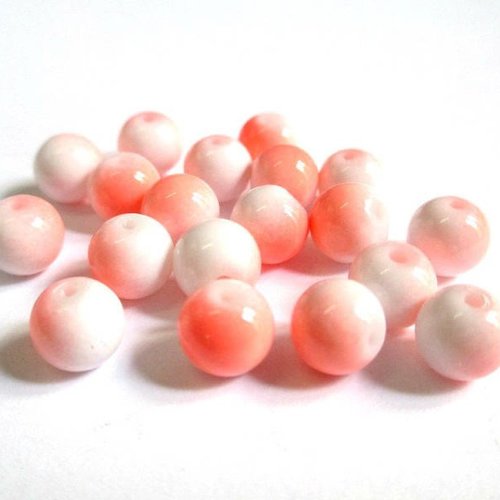 10 perles en verre bicolore corail et blanc 8mm (p-6)