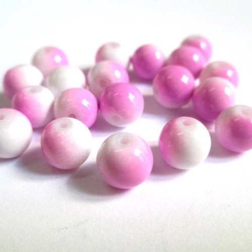 10 perles en verre bicolore rose et blanc 8mm (p-3)