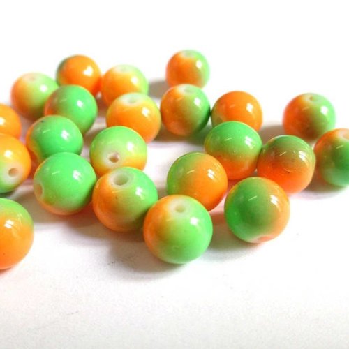 10 perles en verre bicolore orange et vert 8mm (p-4)