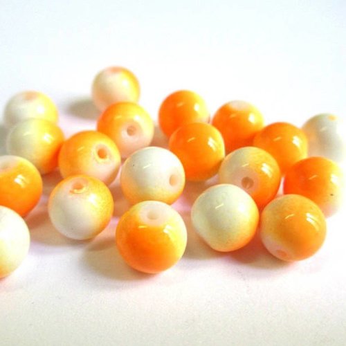 10 perles en verre bicolore orange et blanc 8mm (p-9)