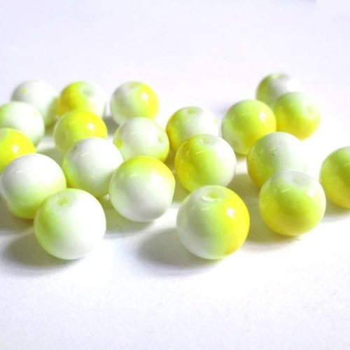 10 perles en verre bicolore jaune et blanc 8mm (p-10)