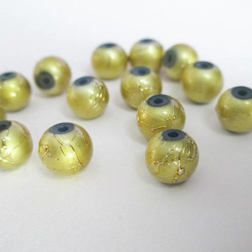 10 perles en verre jaune tréfilé doré  8mm