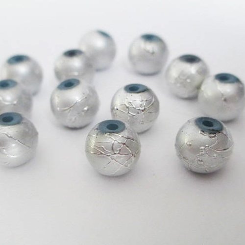 10 perles en verre gris tréfilé argenté 8mm