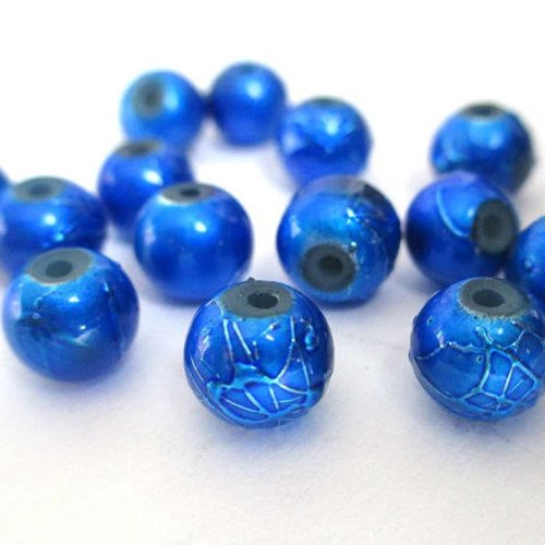 10 perles en verre bleu foncé tréfilé argenté 8mm