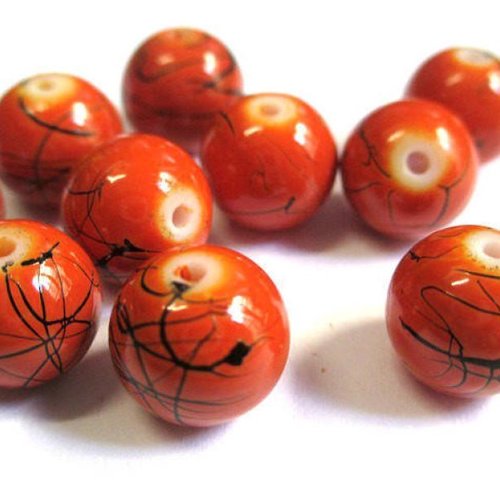 10 perles orange tréfilé noir ronde en verre peint 10mm