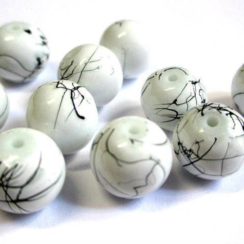 10 perles blanc tréfilé noir ronde en verre peint 10mm