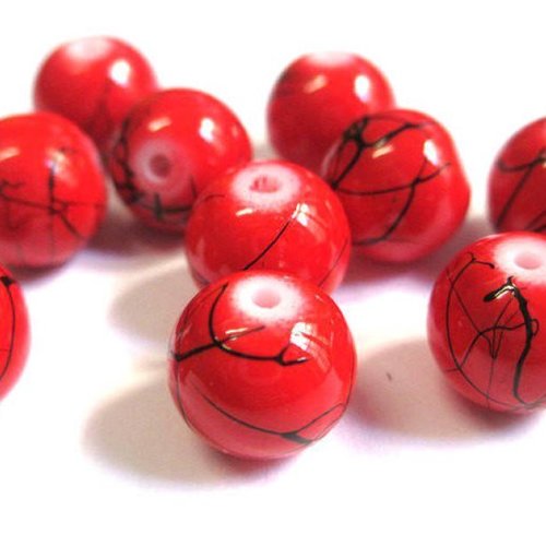 10 perles rouge tréfilé noir ronde en verre peint 10mm