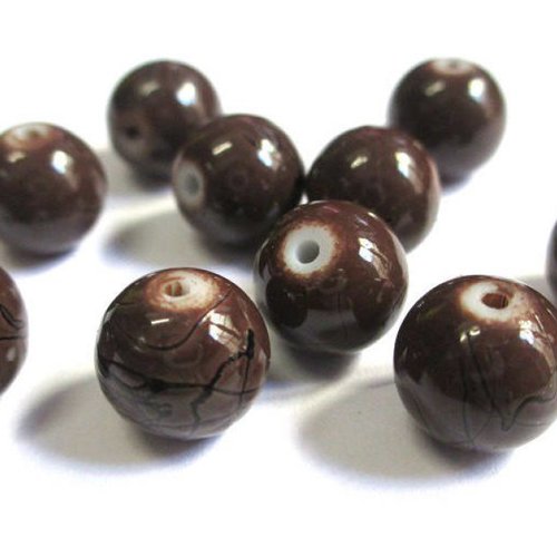 10 perles marron foncé tréfilé noir ronde en verre peint 10mm