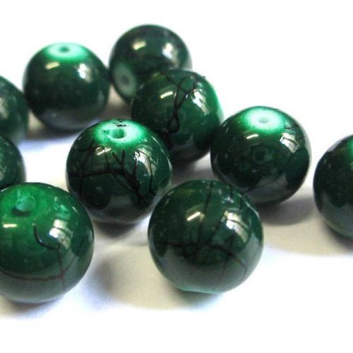 10 perles vert foncé tréfilé noir ronde en verre peint 10mm