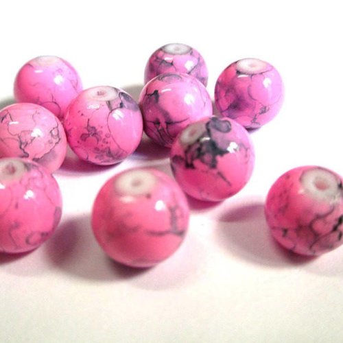 10 perles rose tréfilé noir ronde en verre peint 10mm