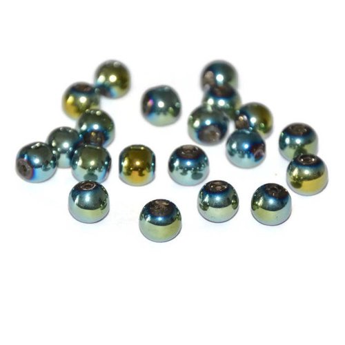 20 perles en verre electroplate jaune et bleu 6mm