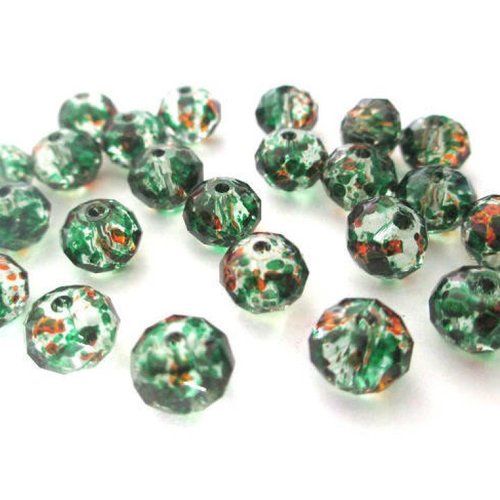 20 perles rondelle à facettes transparentes mouchetées orange et vert en verre 6x8mm