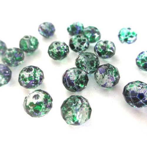 20 perles rondelle à facettes transparentes mouchetées vert et bleu en verre 6x8mm
