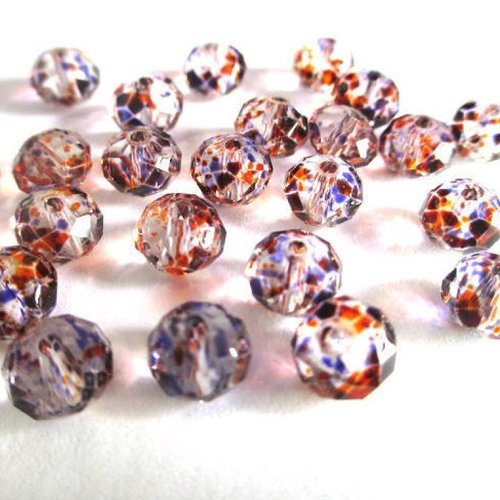 20 perles rondelle à facettes transparentes mouchetées orange et violet en verre 6x8mm
