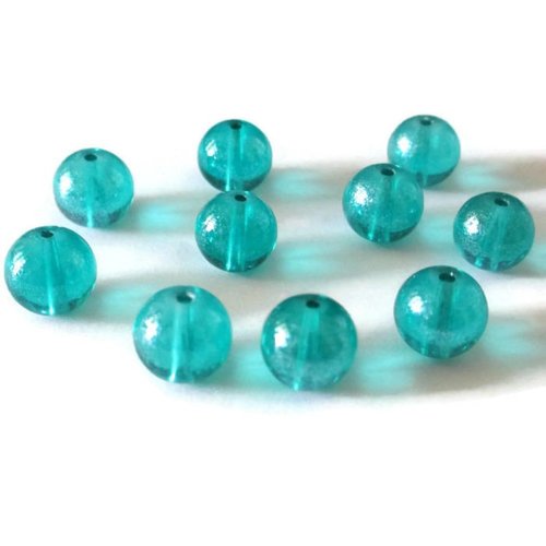 10 perles bleu transparent brillante en verre 10mm (p-21)