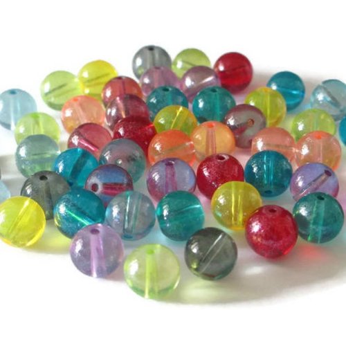50 perles transparent brillante en verre 10mm mélange de couleur