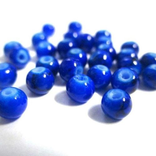 50 perles en verre bleue foncée mouchetées noire 4mm (4pv07)