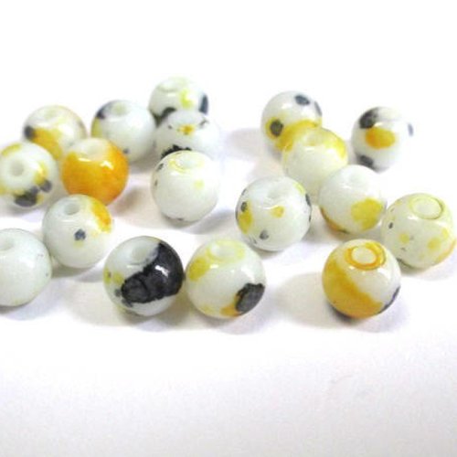 50 perles en verre blanc mouchetées jaune et noir  6mm