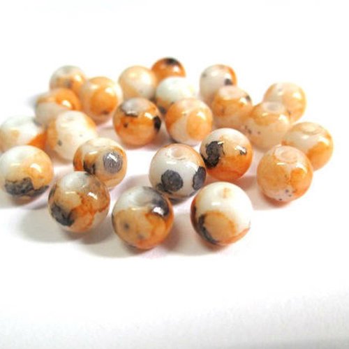 50 perles en verre blanc mouchetée orange et noir  6mm