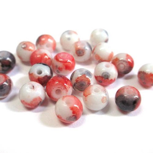 50 perles en verre blanc mouchetée rouge et noir 6mm