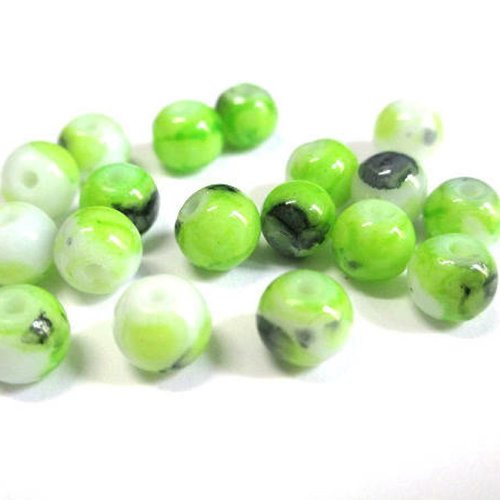 50 perles en verre blanc mouchetée vert anis et noir  6mm