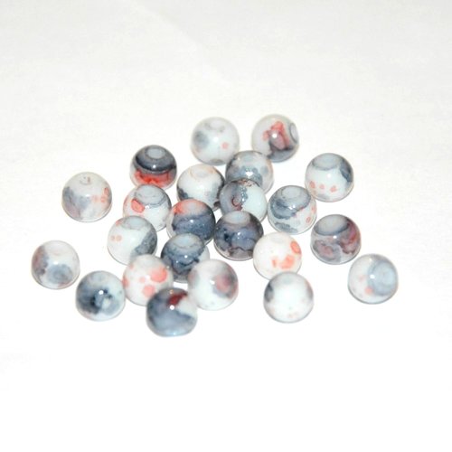 50 perles en verre blanc mouchetée rouge et gris 6mm