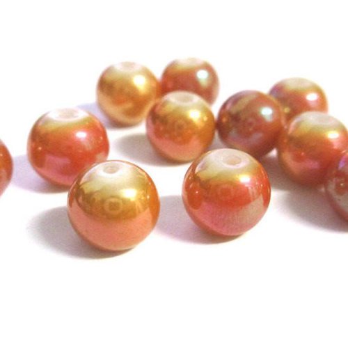 10 perles en verre nacré brillant orange peint 8mm (o-44)