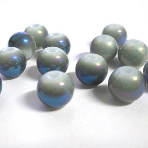 10 perles en verre nacré brillant gris reflets bleu peint 8mm (o-45)