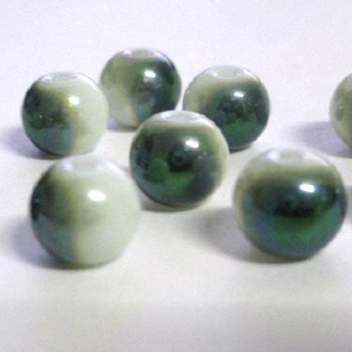 10 perles en verre nacré brillant blanc et vert foncé peint 8mm (o-47)
