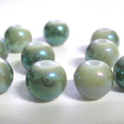 10 perles en verre nacré brillant blanc et vert peint 8mm (o-48)