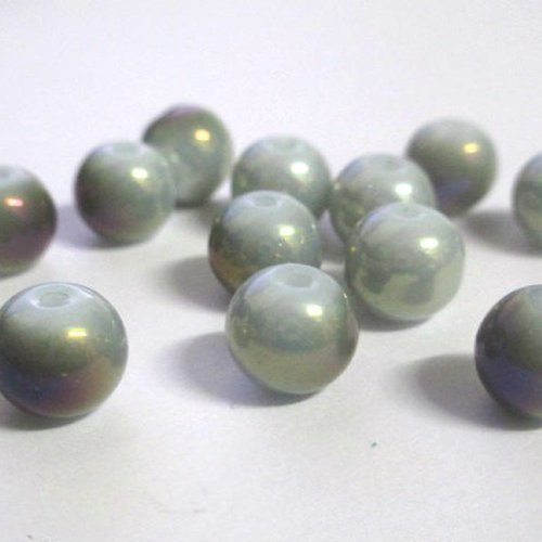 10 perles en verre nacré brillant gris reflets violet peint 8mm (o-49)