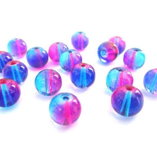 10 perles en verre translucide bicolore bleu et fuchsia 8mm