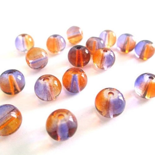 10 perles en verre translucide bicolore orange et violet  8mm