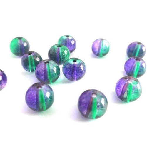 10 perles en verre translucide bicolore vert et violet  8mm