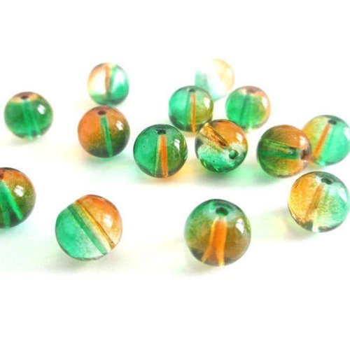 10 perles en verre translucide bicolore vert et orange  8mm
