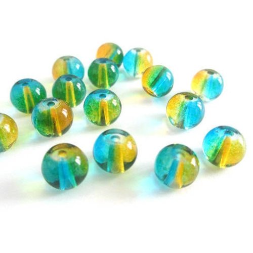 10 perles en verre translucide bicolore bleu et orange 8mm