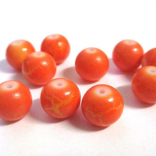 10 perles en verre peint orange craqué 10mm (o-35)
