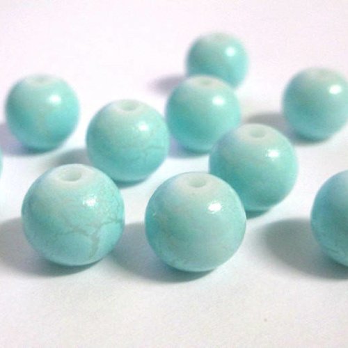 10 perles en verre peint bleu craqué 10mm (o-42)