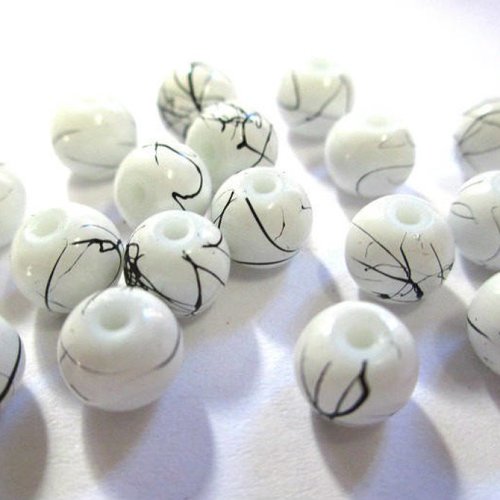 20 perles en verre blanc tréfilées noir 6mm