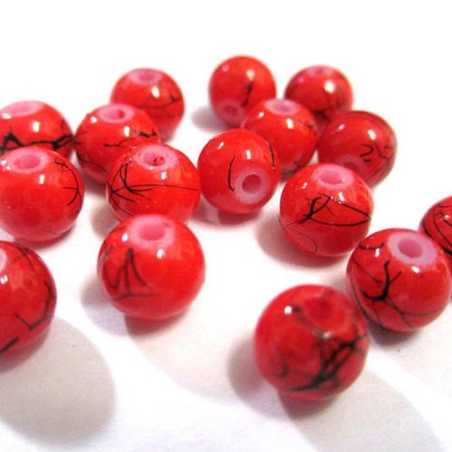 20 perles en verre rouge tréfilées noir 6mm