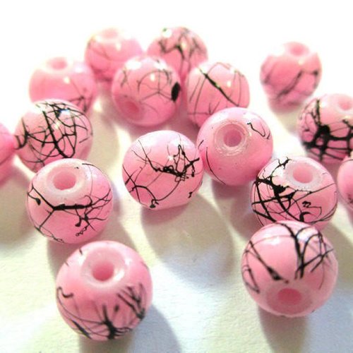 20 perles en verre rose tréfilées noir 6mm