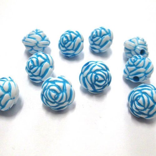 10 perles fleur bleu acrylique 13mm